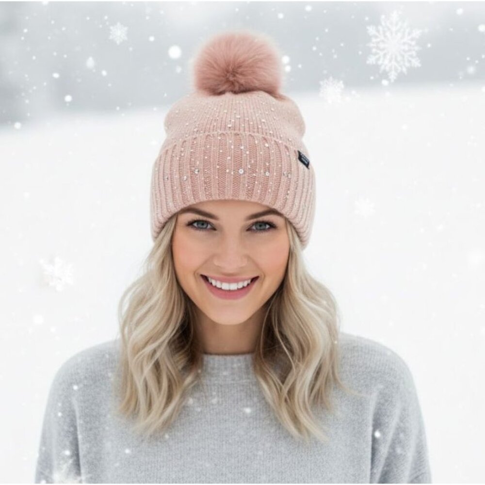 ❤️Women Victorias Secret studded beanie POM POM Hat BRAND Coral Ring Stones Glam